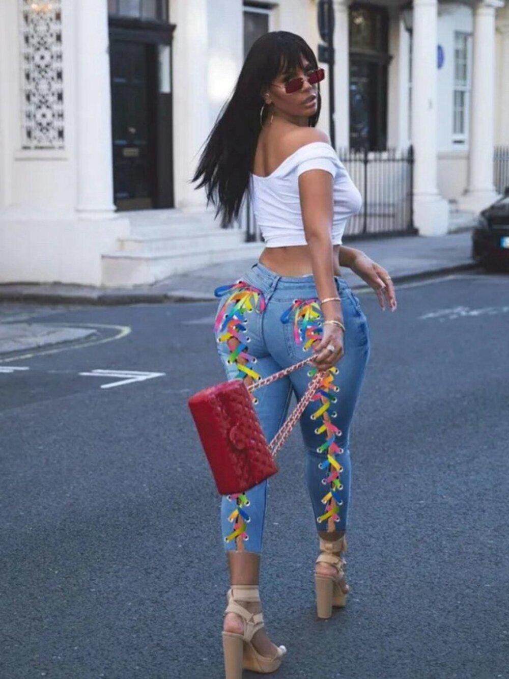 Women Skinny Jeans Size M Blue Lace Rainbow Up String High Waist Stretch Ripped